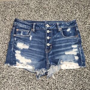 American Eagle Hi Rise Shortie Booty Micro Jean Short Darkwash Destruction Sz 12